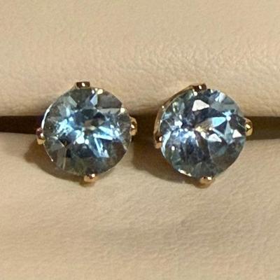 14K Yellow Gold & 1 Carat Blue Topaz Post Earrings - Total Weight 1.94 Grams