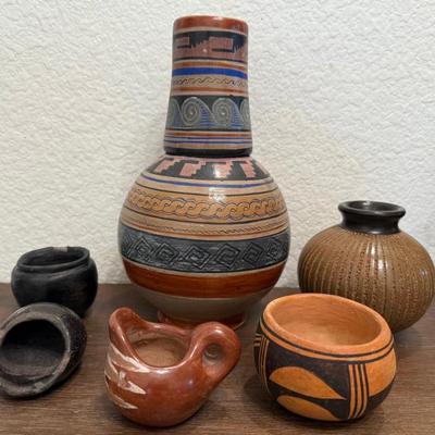 Assorted Mexico & Native Hand Made Pots - Mexico Drink Set (as Is) Nicaragua RogerVase - Blackware (as Is)