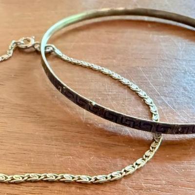 (2) Sterling Silver Bracelets - Chain Link & Greek Key With Blue Enamel Bangle Bracelet - 7.32 Grams