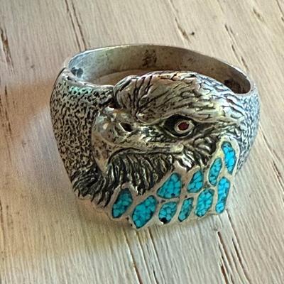 Vintage Native American Sterling Silver Turquoise Inlay Eagle Ring Size 13 Total Weight 8.4 Grams