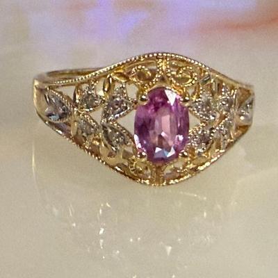 10k Yellow Gold, Pink Sapphire & Diamond Ring Size 9 - Total Weight - 3.4 Grams