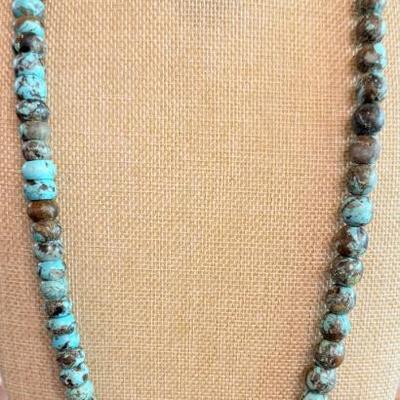 Turquoise Ball Bead 32 Inch Necklace With Chunk Turquoise Pendant