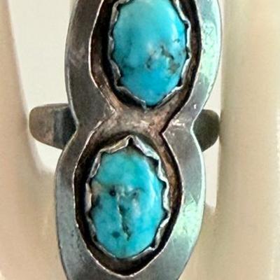 Vintage Navajo Silver & Turquoise Cabochon Ring Size 6.75 - Total Weight