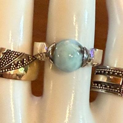 (3) Sterling Silver Rings (2) W 18K Gold Accents (1) Larimar Ball - Sizes 6.5 - 7.25 - Weight 16.68 Grams
