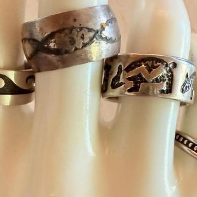 (4) Vintage Navajo & Hopi Sterling Silver Stamped & Inlay Rings - Size 8-8.5 - Total Weight 21.44 Grams