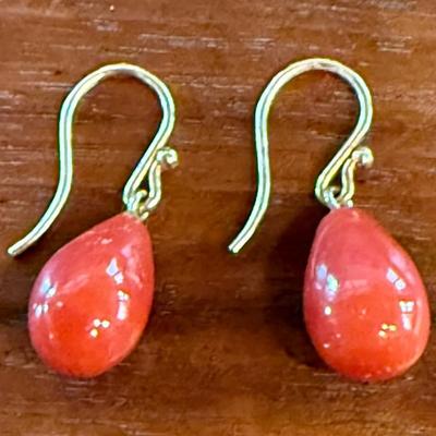 Vintage 18k Gold And Coral Wire Drop Earrings Signed GAS - 3.84 Grams