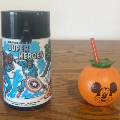 1976 Marvel Comics Super Heroes Thermos And Vintage Mickey Mouse Sippy Cup/Container 