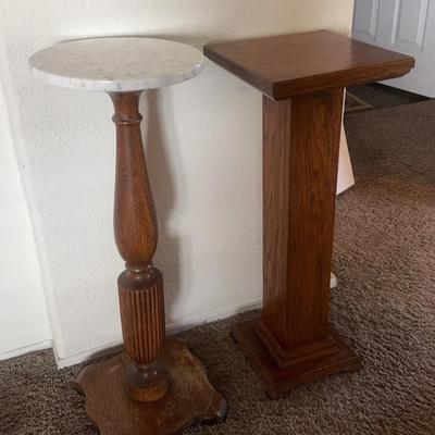 Two Wooden Plant Stands; One With Marble Top