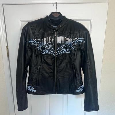Women’s Genuine Leather Harley Davidson Jacket With Embroidered Silver And Blue Stitching