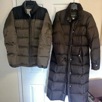 Eddie Bauer Men’s  Size M Puffer Jacket And Women’s Size S Body Length Puffer Jacket