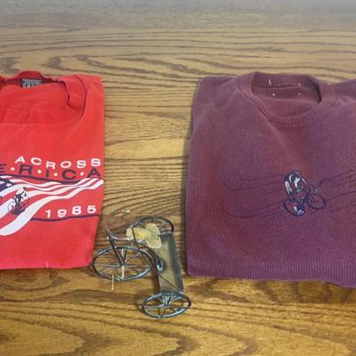 Collectible Bike Items: Racing Shirt, Sweater, and Metal Figurine 