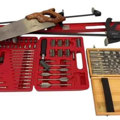Drill bits, saw, level & grips 