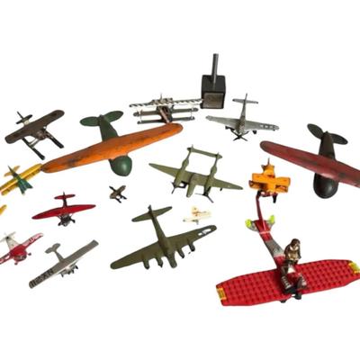 Airplane mobile & collection of Hallmark toy airplanes - some vintage metal 