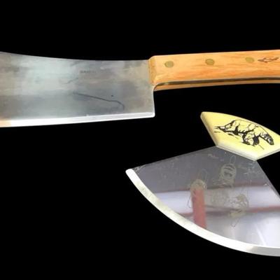 Vintage Alaska Ulu Legendary Knife Of The Arctic Chopper and Bahco Meat Cleaver 