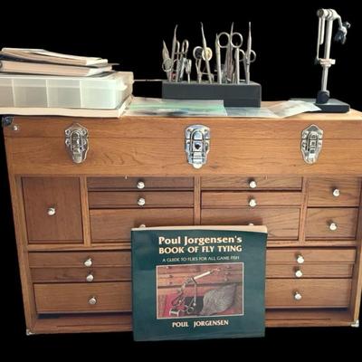 Fly fishing tying cabinet, books & supplies 