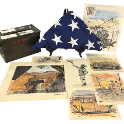 Really cool military drawings, American flag & metal ammo box 
