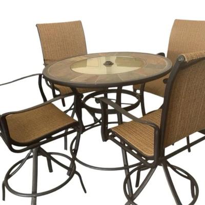 Outdoor Bar Height Five Piece Set Round Slate Table 