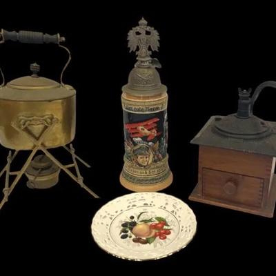 Antique William Soutter & Sons England Brass Tilting Spirits Kettle, Beer Stein, and Co Grinder
