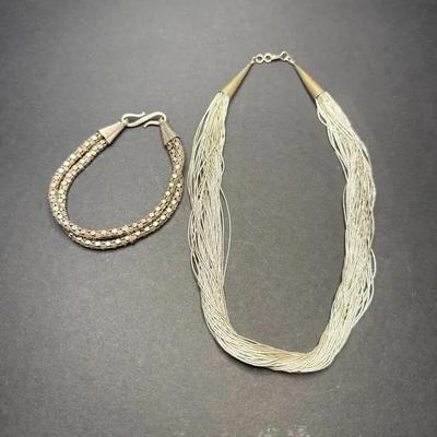 Liquid Silver Necklace and Double Bracelet- Tribal Ethnic 