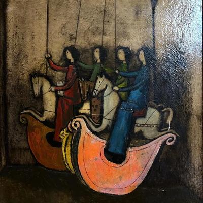 Irving Amen Signed Original Oil on Canvas, 1962 | Children on a Carousel