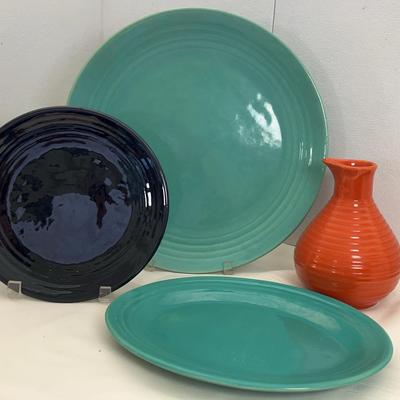Vintage Bauer, Los Angeles Pottery, 4 Pcs - Plates and Jug - Teal, Black, Terracotta
