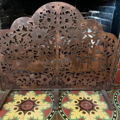 Rustic Wrought-Iron and Tin Fireplace Screen - Floral and Foliage