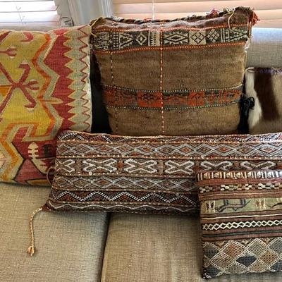 Turkish Kilim and Cowhide Throw Pillows, 5 Pcs