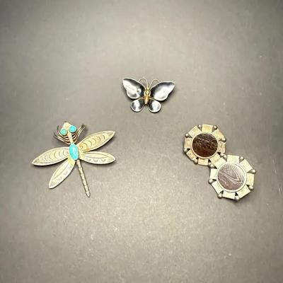 Suite of Silver Pins and Stud Earrings- Dragonfly Butterfly Oxidized Natural