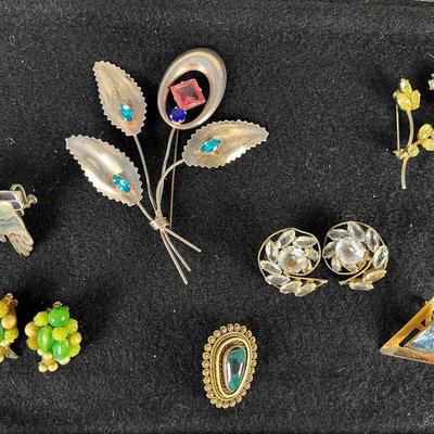 Vintage Green Teal Tones and Sterling Silver with MOP Earrings and Pins