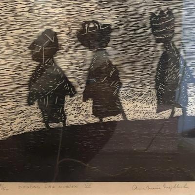 Anne Marie Mejlholm Original Block Print, 8/50 Dagbog Fra Nubien -3 Women with Bundles on Their Head