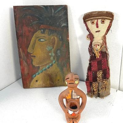 Chancay Peruvian Doll, Tesuque Pueblo Rain God Figurine, Tribal Painting