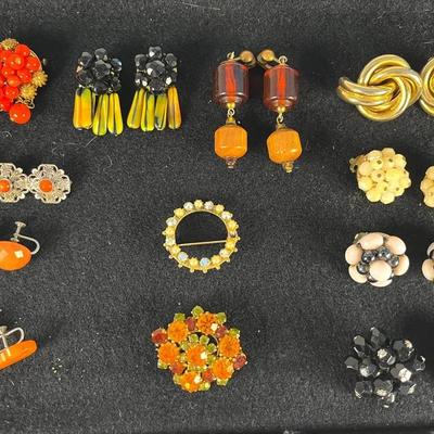 Amber, Black, Pearl Toned Vintage Costume Jewelry - Clip-ons and Brooches