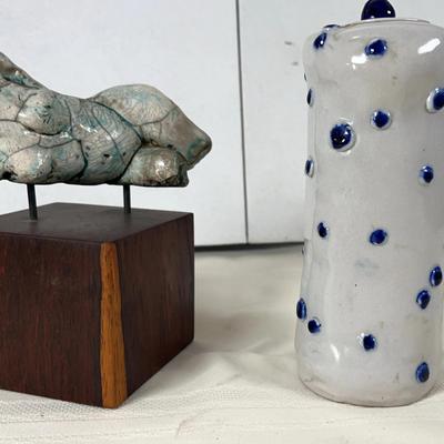 Kazuko Modern Art Pottery and a Textured Ceramic Bust on Wood Pedestal