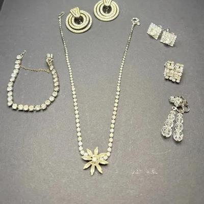 Clear Crystal Rhinestone Suite- Earrings, Necklace, Bracelet 