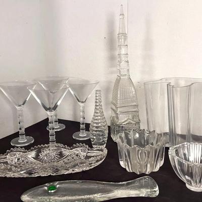 Art Glass and Crystal - Asymmetrical Vases, Fish Glass Paperweight, Martini Glasses 11 Pcs