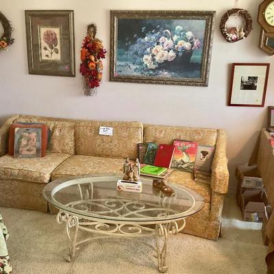 Retro sofa, oval coffee table with glass top
