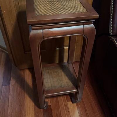 Wood plant stand with caning on top & shelf, brand unknown