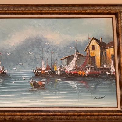Morgan Framed Signed Oil Painting Fishing Port