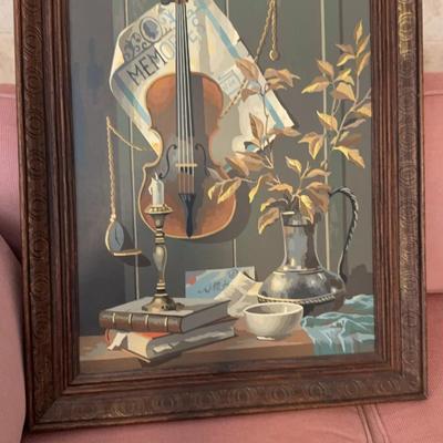 Vintage Framed 1970’s Paint By Number Violin Still Life