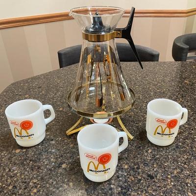 Vintage Coffee Carafe with warming stand & Vintage McDonalds Coffee Cups 