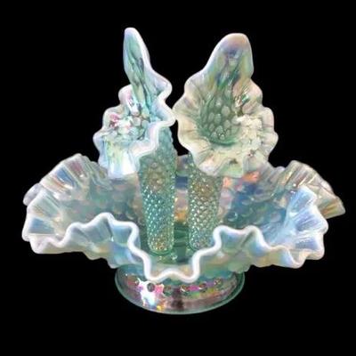 Vintage FENTON Green Opalescent Art Glass Vases (1 missing) 