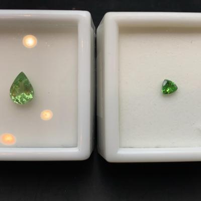 Tsavorite Garnets: One (1) 0.90CT 8x6mm Pear Shaped And One (1) 0.20CT 4x4mm Trillion Cut