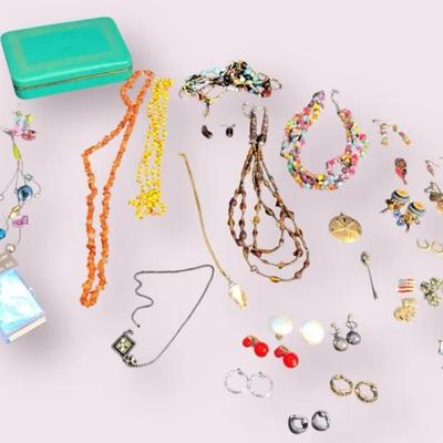 Beautiful Collection Of Necklaces, Earrings (Pierced & Clip On) And Pins Plus Farrington Jewelry Box
