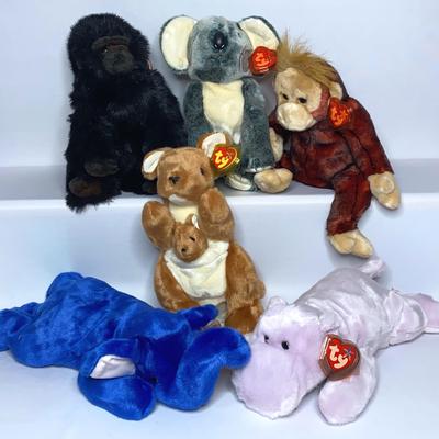 Six Larger ty Beanie Babies: Kangaroo, Koala, Hippo, Elephant, Gorilla, And Monkey