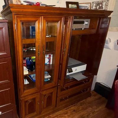 Vintage Wood Entertainment Center / Display Cabinet – Glass Doors & Storage – Sold As Is