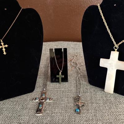 Unmarked Gold And Silver Colored Stone Like Cross Necklaces