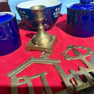 ???? Vintage Cobalt Blue Enamel Canisters + Brass Accents Collection