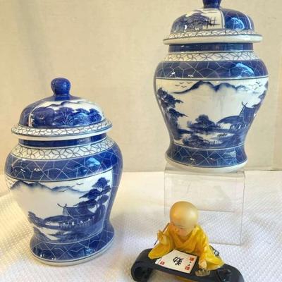 Matching Pair Of Blue And White Ginger Jars And An Asian Figurine