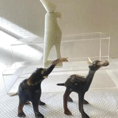 Carved Bone Elephant And Camel, Soapstone Egyptian God Horus