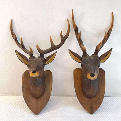 Pair Of Carved Wooden Mounted Deer